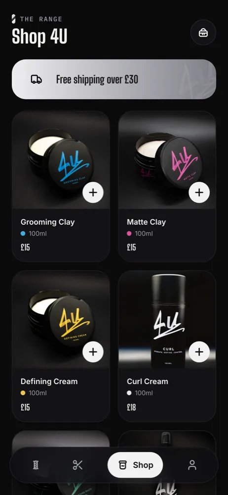 The 4U app shop on a phone, showing the hair product range with prices and add to bag buttons.