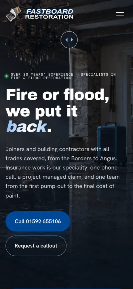 The Fastboard Restoration site on a phone, with the call button straight under the headline.