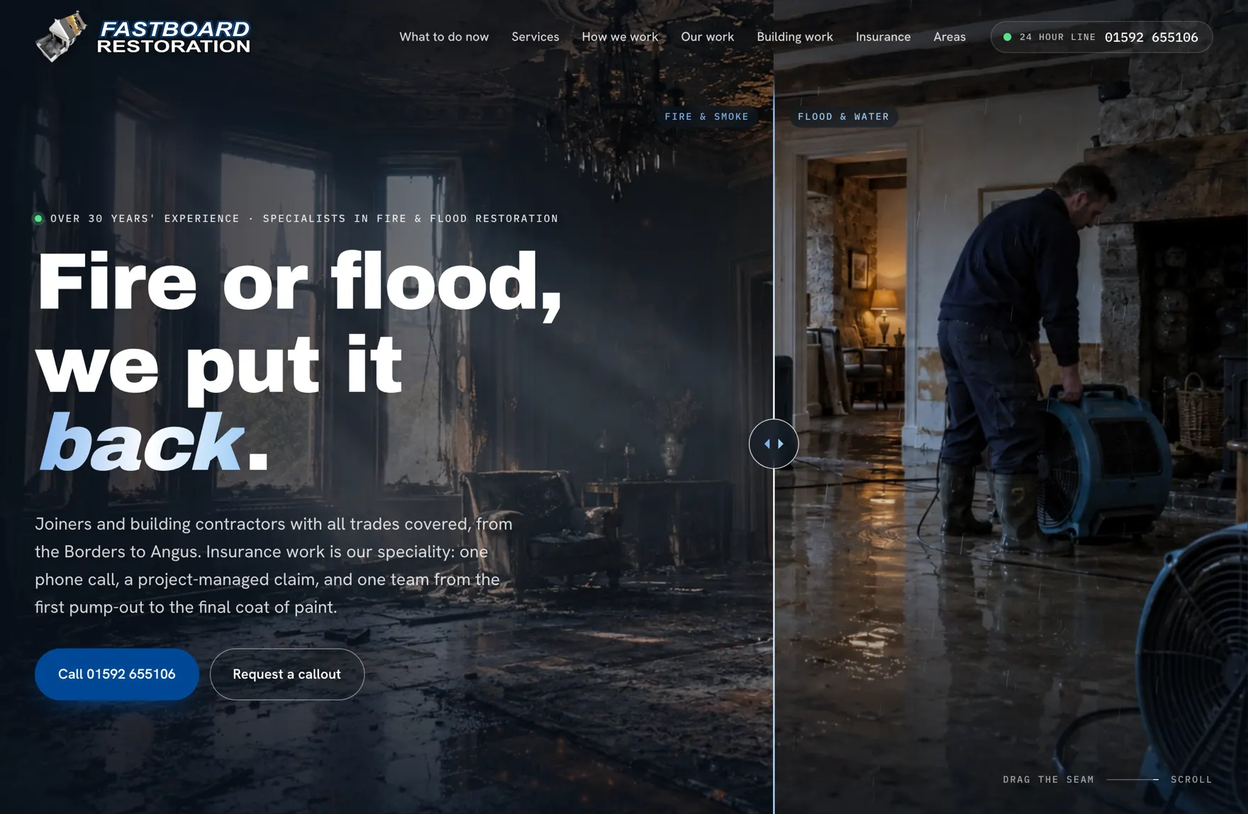 The Fastboard Restoration homepage: a fire-damaged room and a flooded room split by a draggable seam, under the headline fire or flood, we put it back.