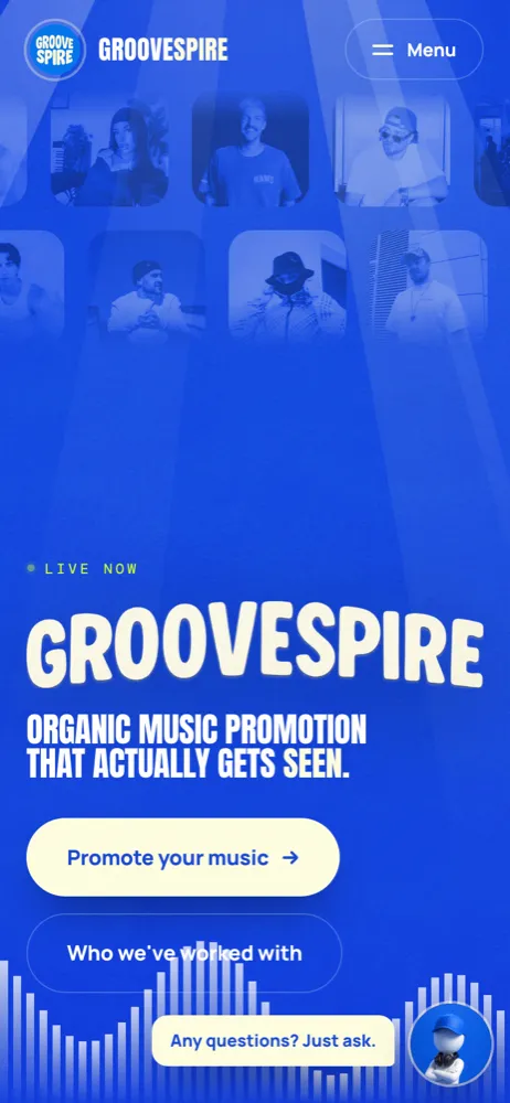 The GrooveSpire site on a phone, with the promote your music button under the headline.