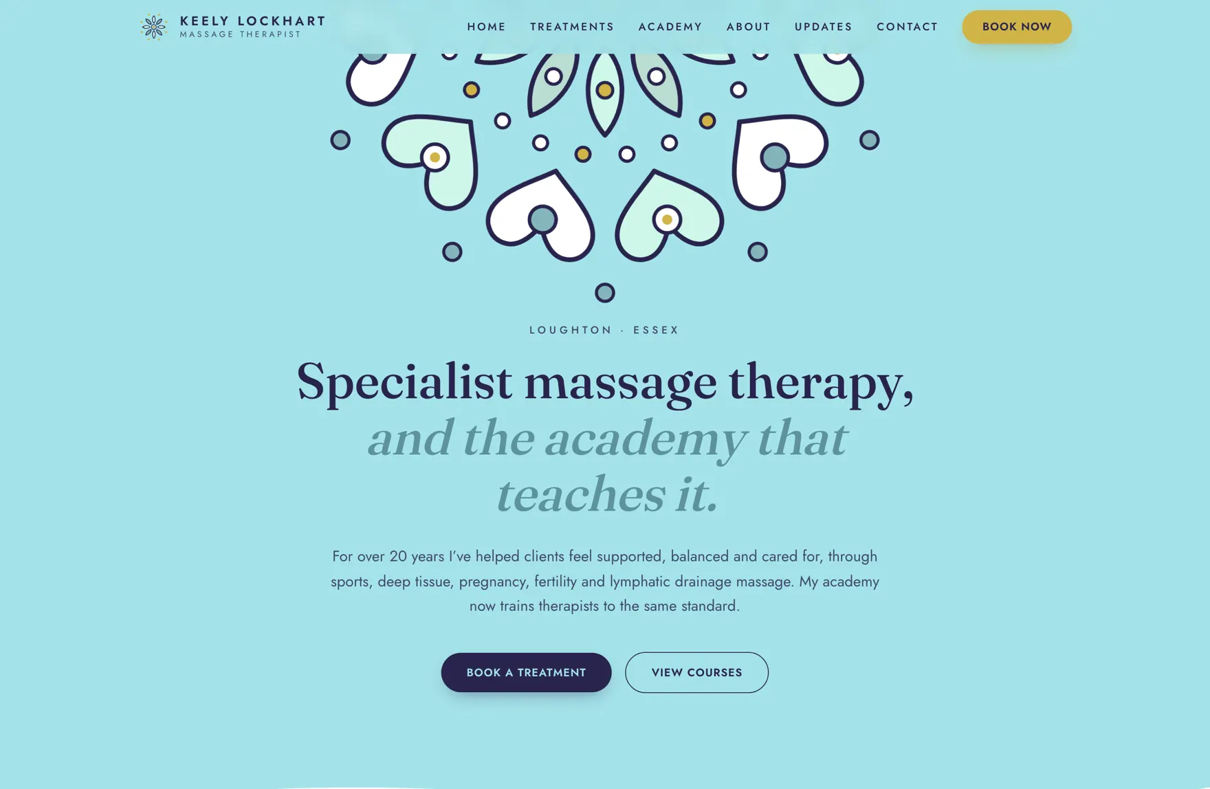 The Keely Lockhart homepage: soft aqua with a hand-drawn floral mark and the headline specialist massage therapy, and the academy that teaches it.