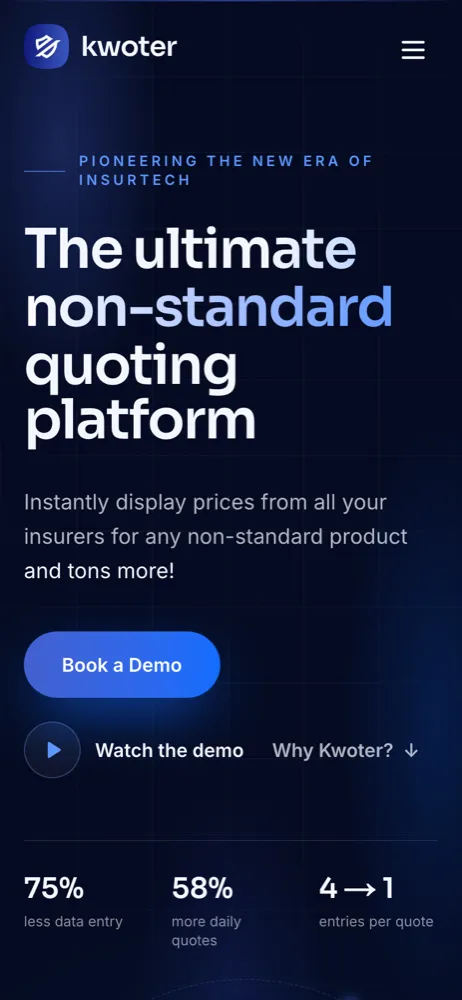 The Kwoter site on a phone, with the book a demo button.